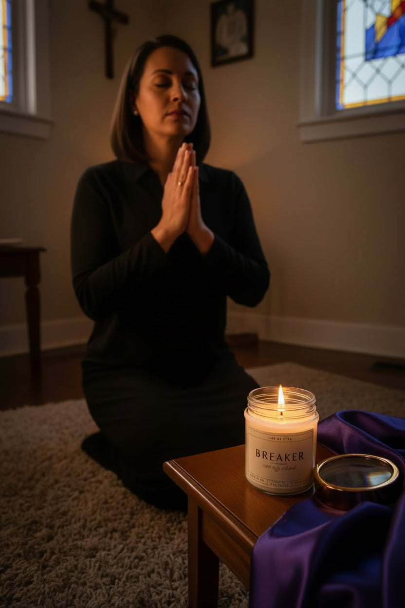 Christian prayer candle in a cozy home setting
